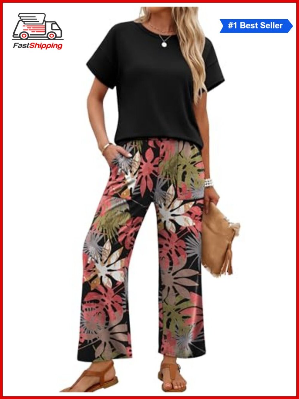 ✨Sampeel Women's Two Piece Pant Set Cap Sleeve Top Wide Leg Pants Lounge Travel